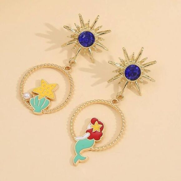 Y2K Disney Ariel Little Mermaid Starfish Ocean Charm Drop Earrings - Picture 1 of 8
